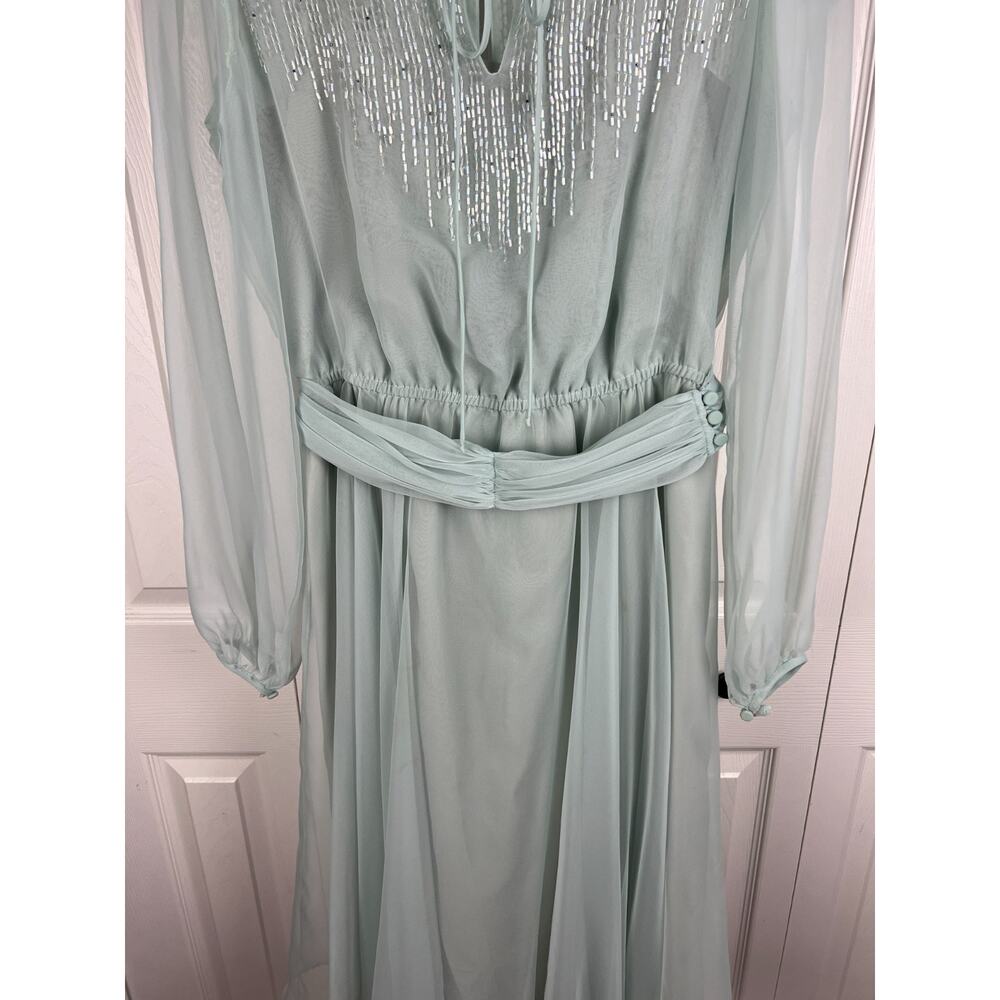 Vintage 70s Chiffon Beaded Maxi Dress Size‎ 4 Gray Green Ethereal - Picture 10 of 11
